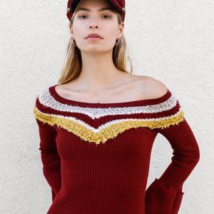 Vintage inspired    Burgundy Multi Stripe Knit Bell Sleeve Sweater